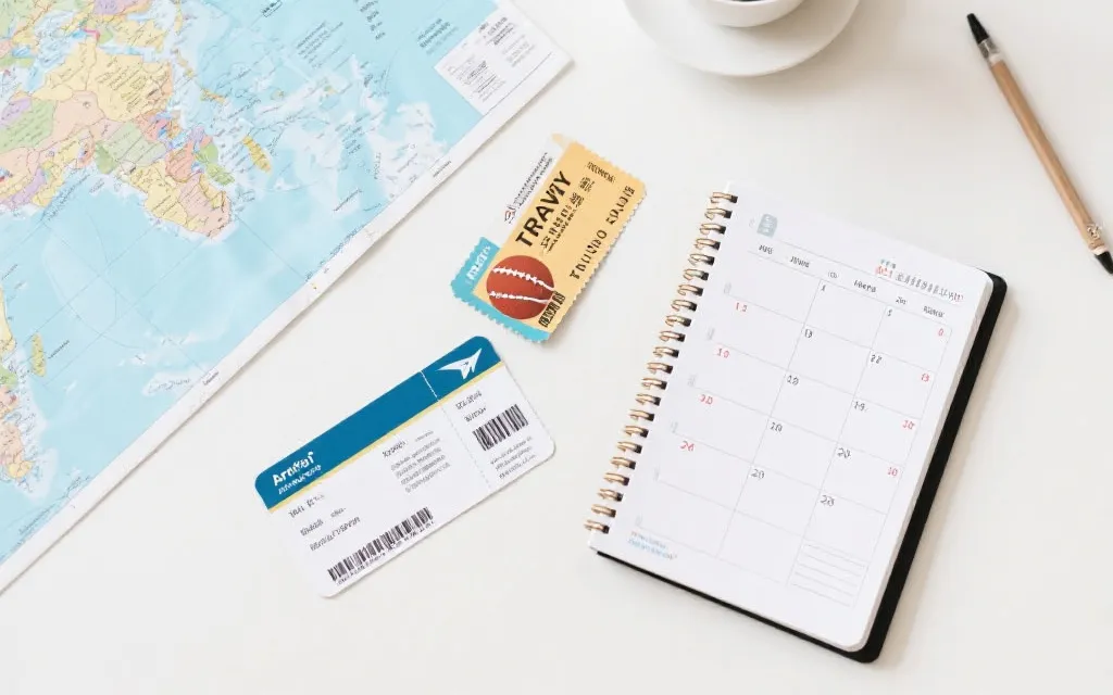 三国多城世界杯旅行规划：地图、机票与球票的桌面构图