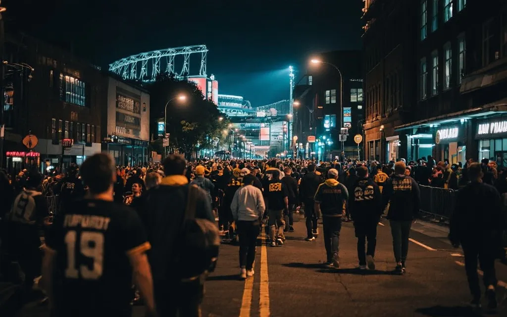 比赛日球迷步行前往体育场的城市街头氛围，夜色与灯光