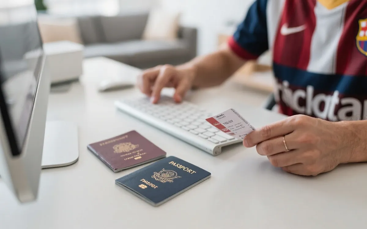 球迷在电脑前规划购票与支付流程，旁边放着护照与银行卡
