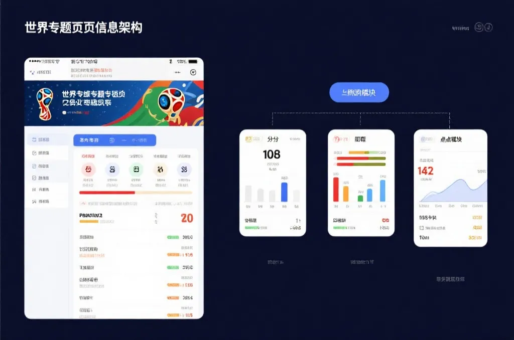 世界杯专题页信息架构示意图,包含比分、积分、赛程与盘点模块